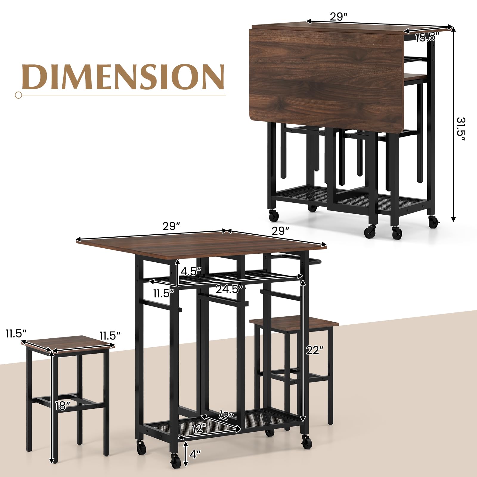 3 Piece Foldable Dining Table Set, Extendable Dining Table & 2 Stools Set w/ 6-Bottle Wine Rack, Shelves & Side Pushing Handle