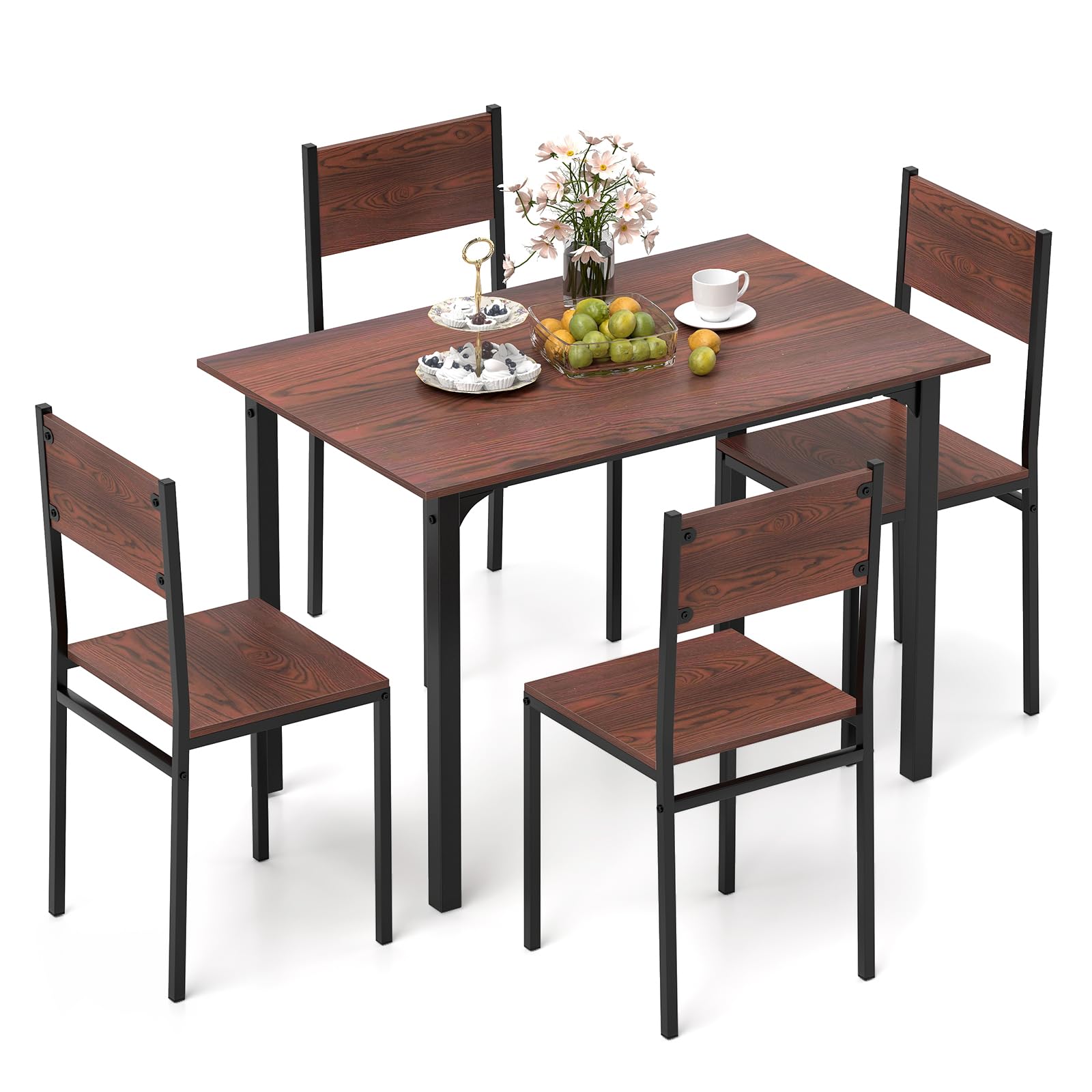 5-Piece Dining Table Set, Industrial Kitchen Table and Chairs for 4 with Backrest and Metal Frame