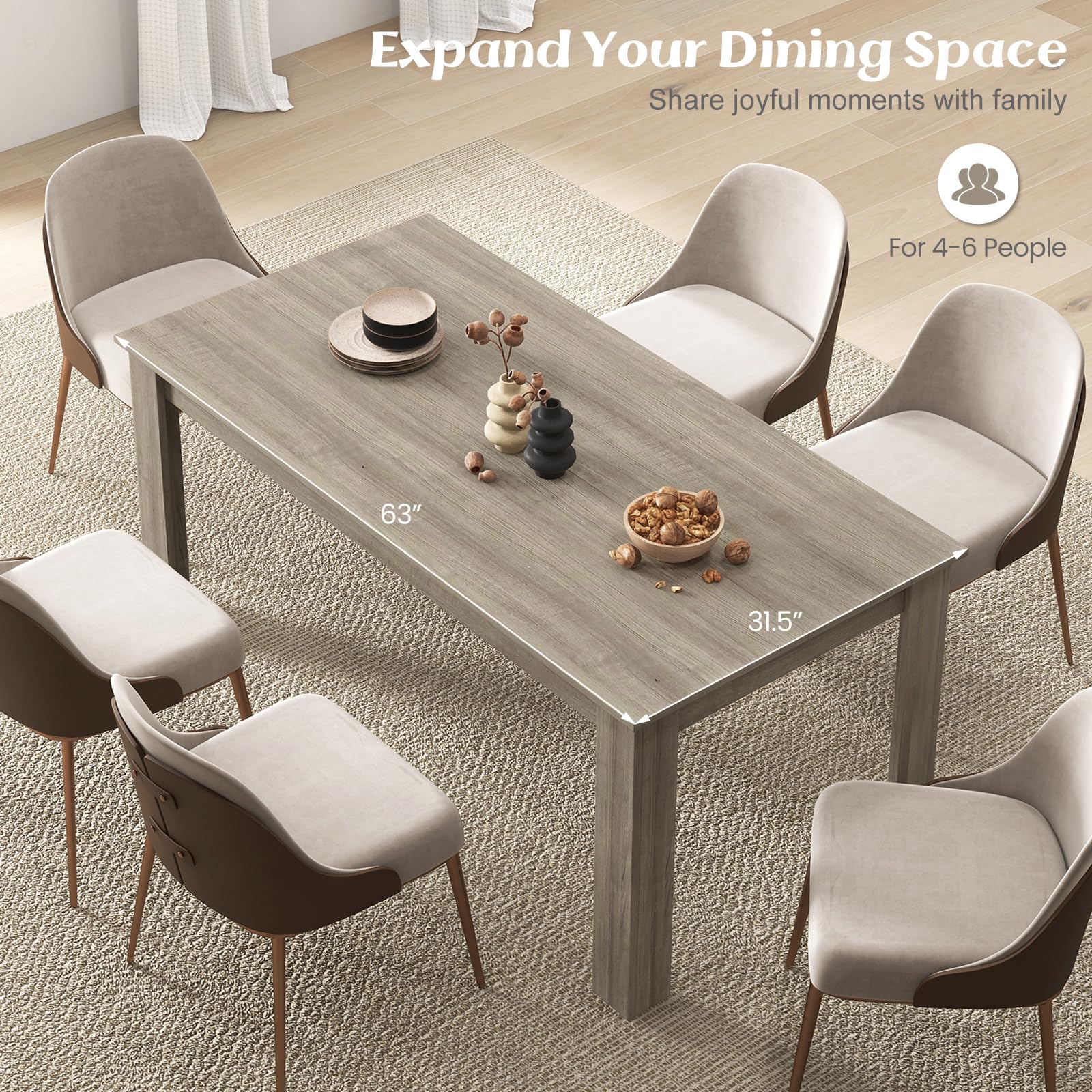 Black Dining Table for 6, Wood Rectangular Table, 63" L x 31.5" W x 30" H Large Farmhouse Center Table