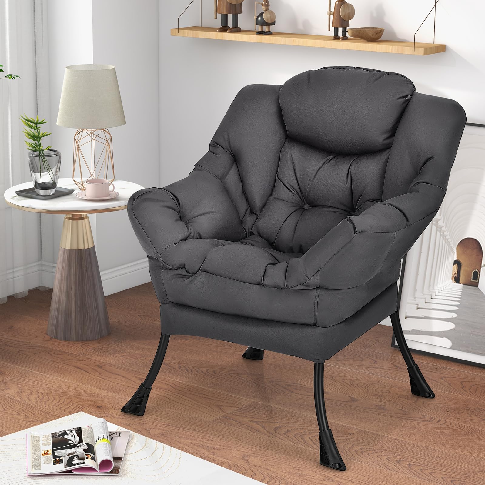 Modern Lazy Chair, Upholstered Single Sofa Chair w/Armrests & Side Pocket