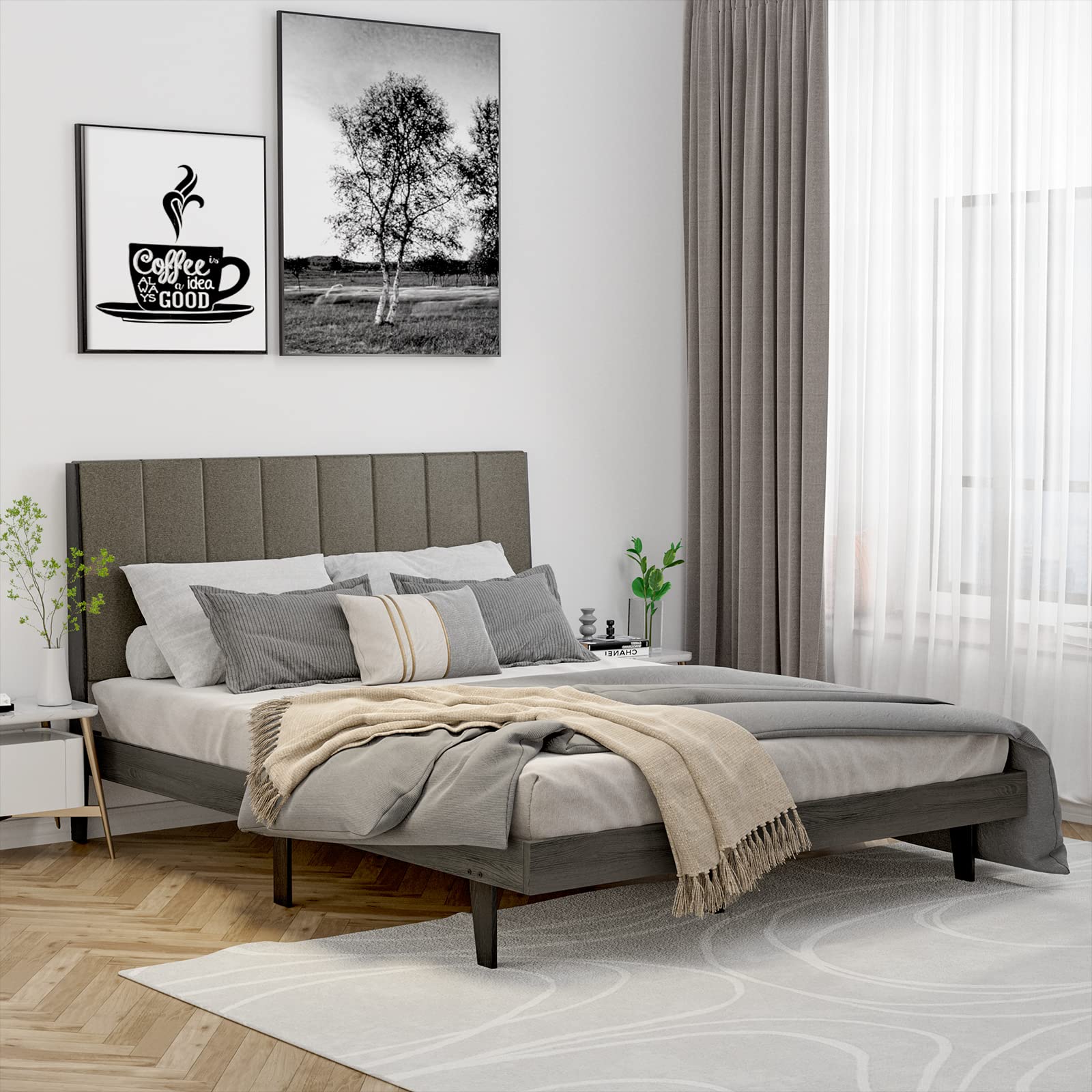 Upholstered Bed Frame, Wooden Slats Support, Queen Mattress Foundation with Tufted Headboard