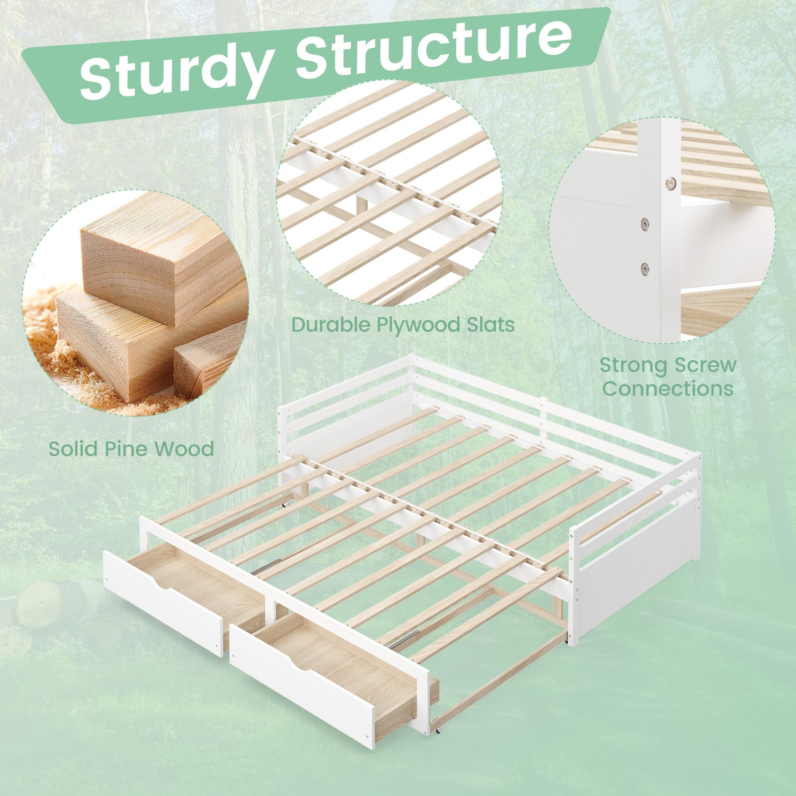 Wood Daybed with Trundle, Extendable Twin to King Daybed Frame with 2 Storage Drawers