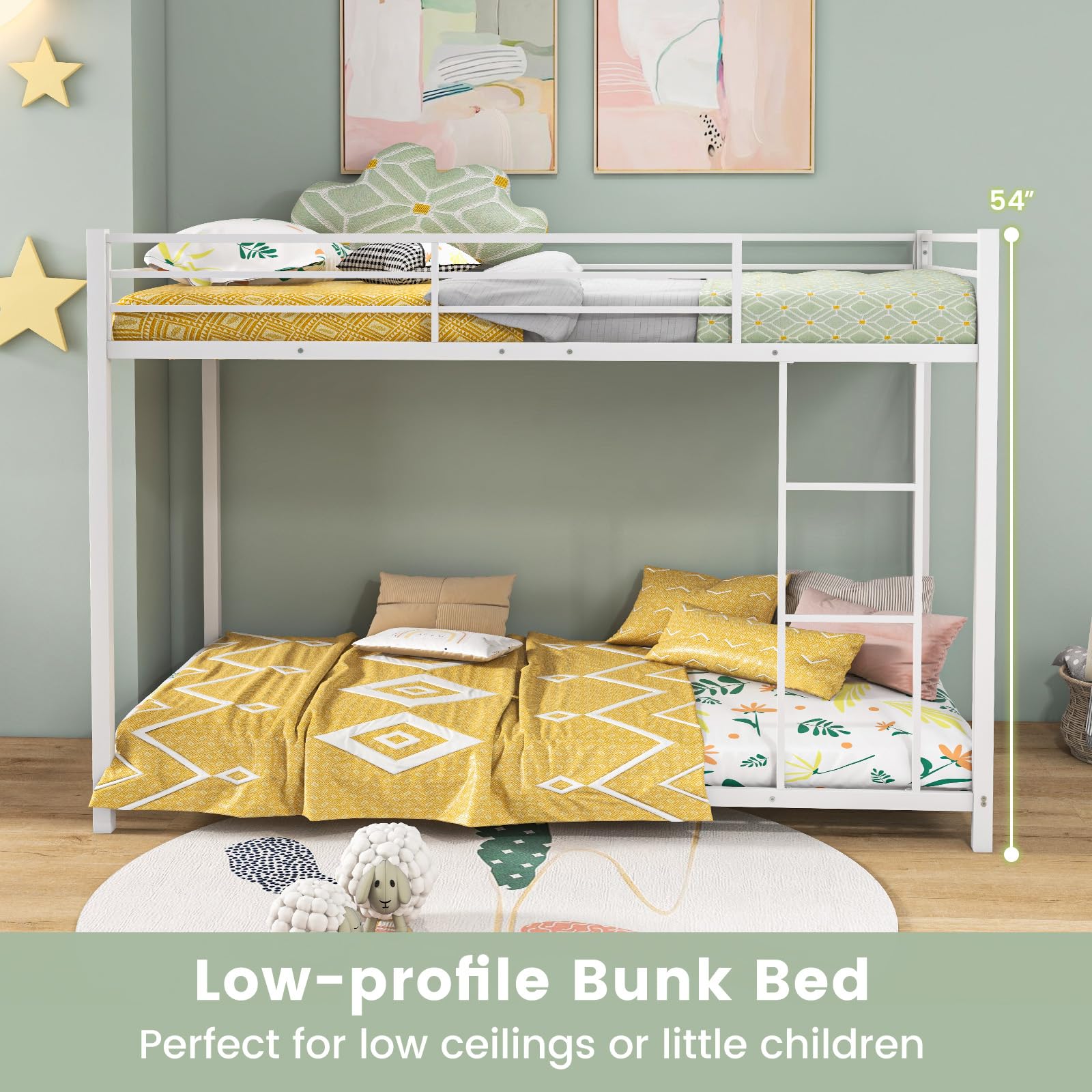 Twin Over Twin Metal Low Floor Bunk Bed with Safety Guard Rail & Ladder