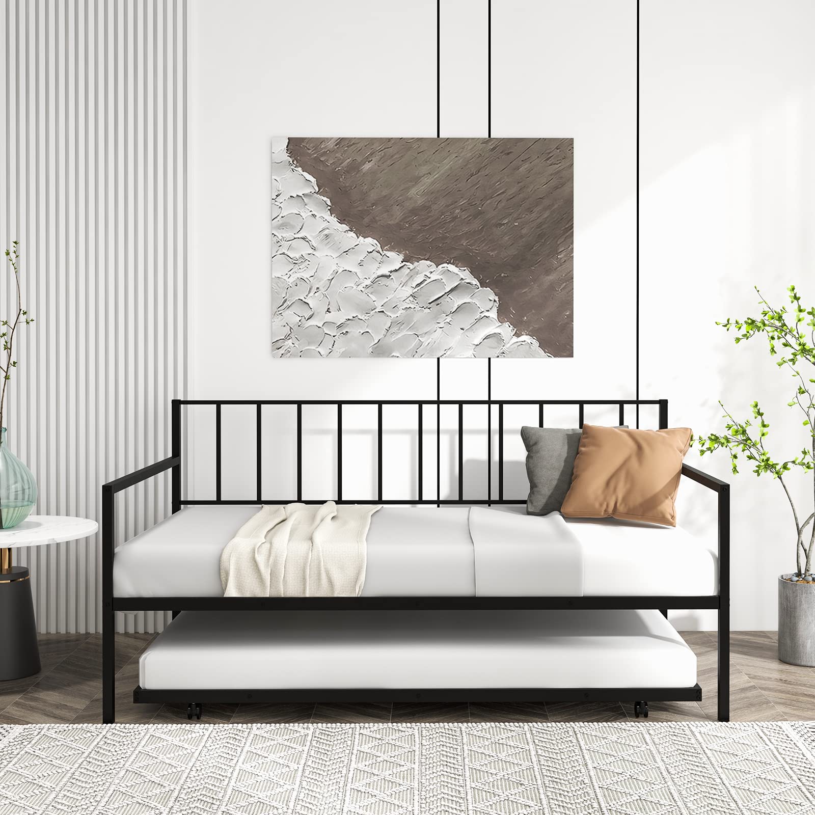 Twin Metal Daybed with Trundle, Metal Sofa Bed & Pull-Out Trundle Set with Lockable Casters