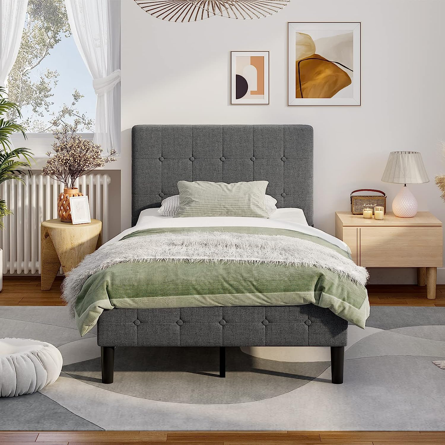 Twin Size Upholstered Bed Frame, Modern Mattress Foundation with Solid Wood Slats Support