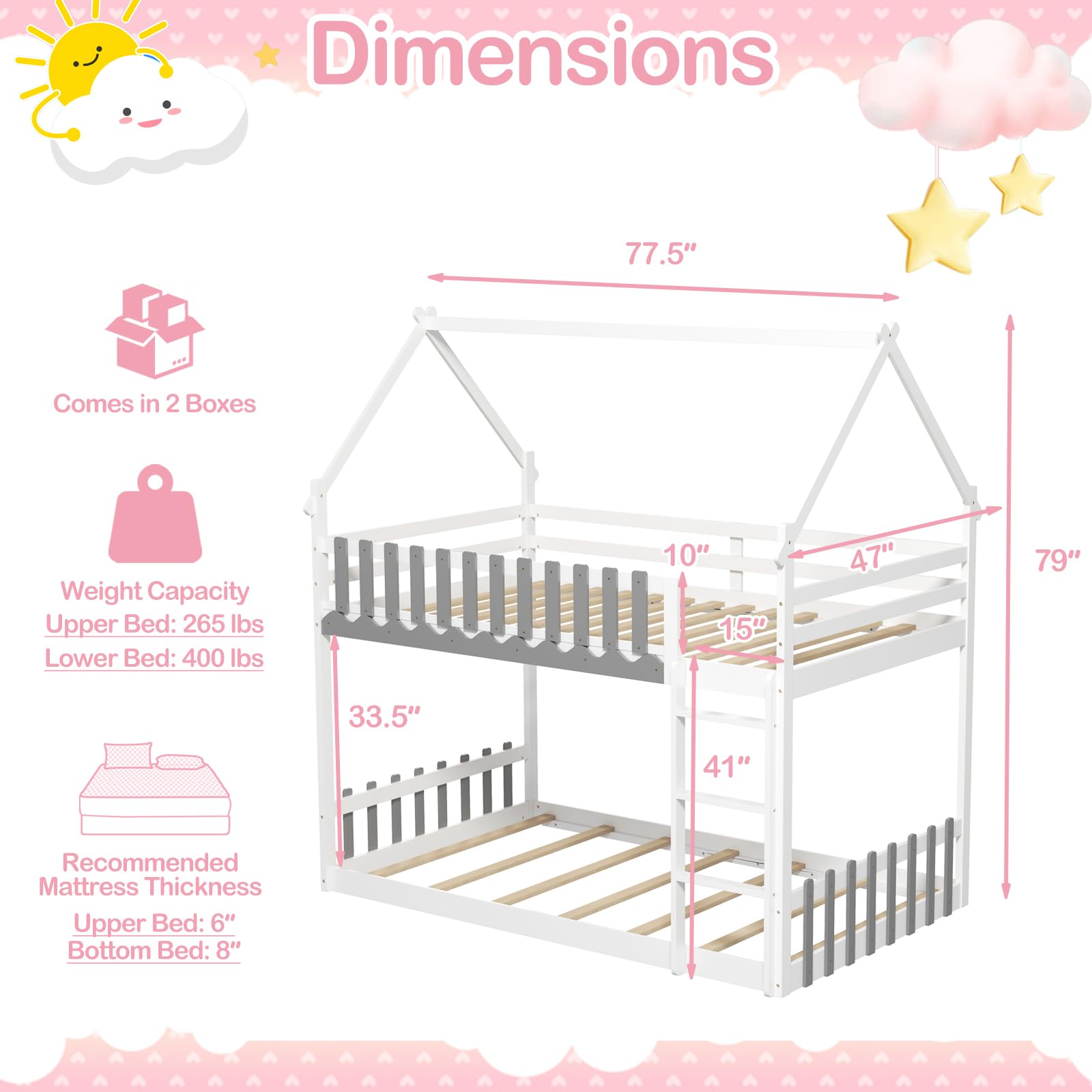 Wood Twin Over Twin House Bunk Bed, Solid Wood Low Bunk Bed with Ladder, Safety Guardrails & Fences
