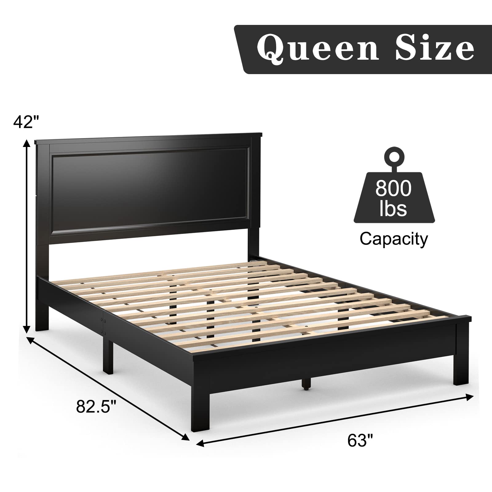Wood Platform Bed Frame with Headboard, Mid Century Platform Bed Frame with Solid Wood Legs & Wooden Slat Support