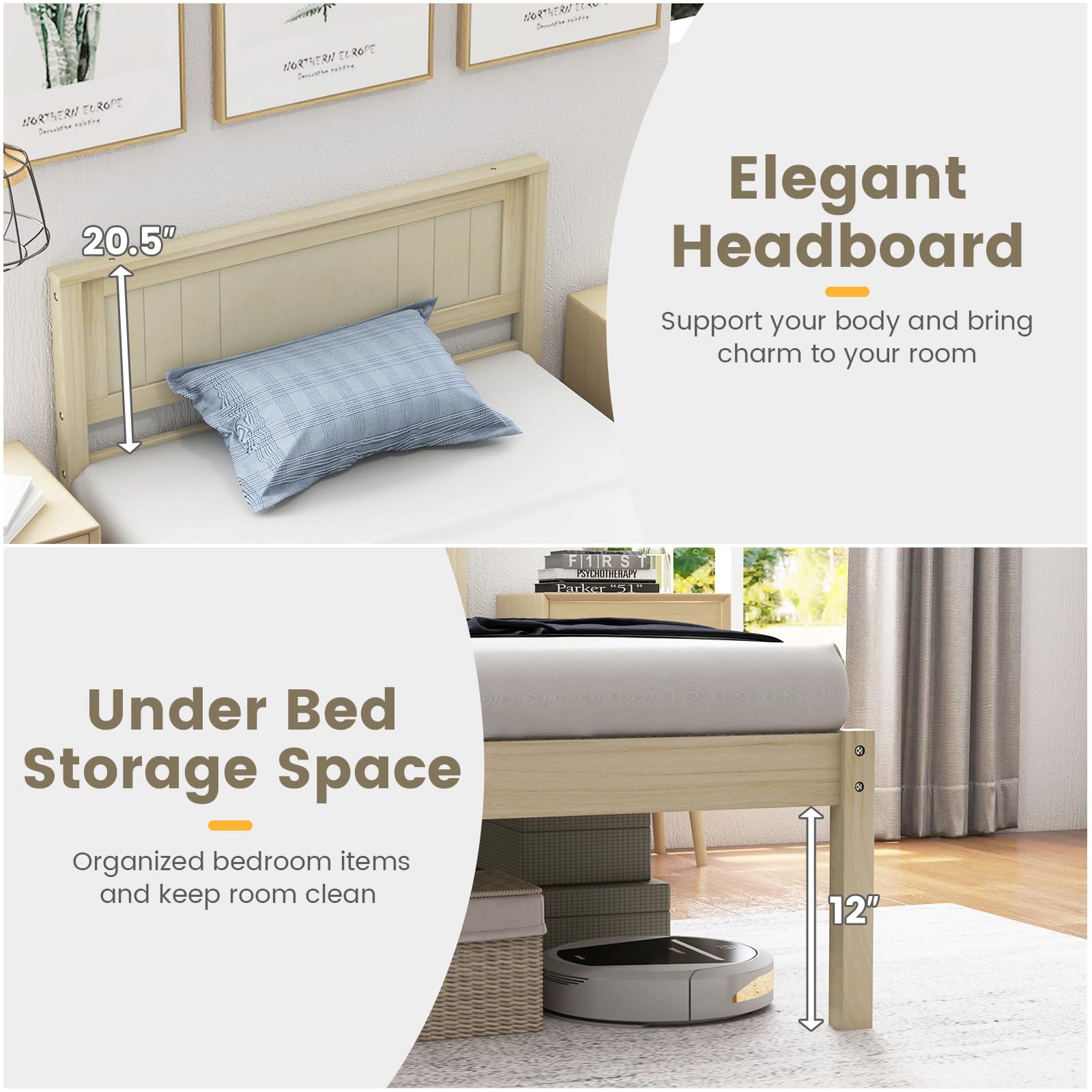 Wooden Platform Bed Frame with Headboard & Wood Slat Support