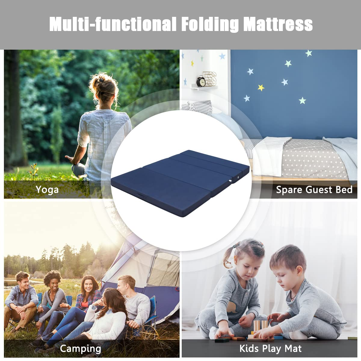 4 Inch Tri Folding Mattress, Foam Mattress with Carrying Handles and Removable Washable Fabric
