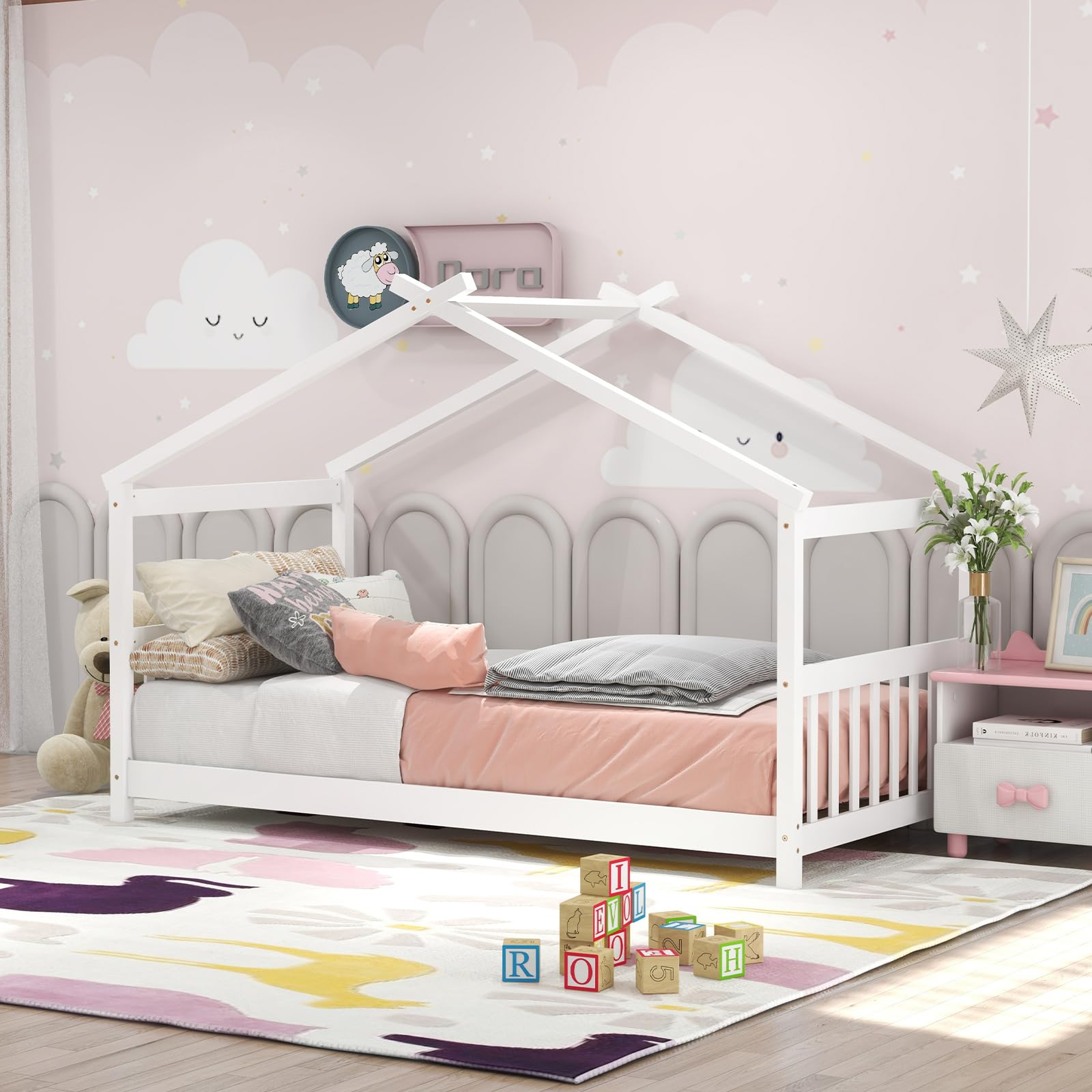 Twin Wood Kids House Bed with Roof, Headboard and Footboard