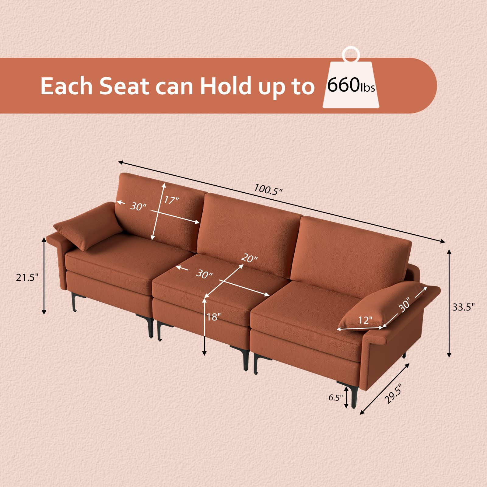 100.5 Inch Large Sectional Sofa, 3 Seat Couch with 3-Hole Outlet & 2 USB Ports