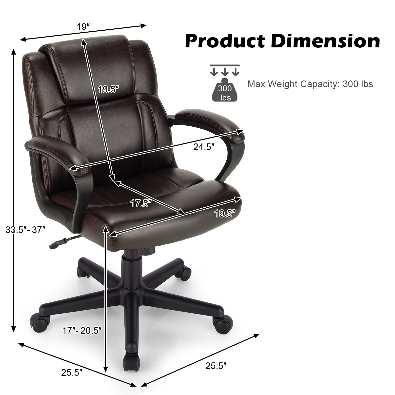 Leather Modern Executive Chair, Ergonomic Mid Back Computer Desk Chair w/Padded Armrests