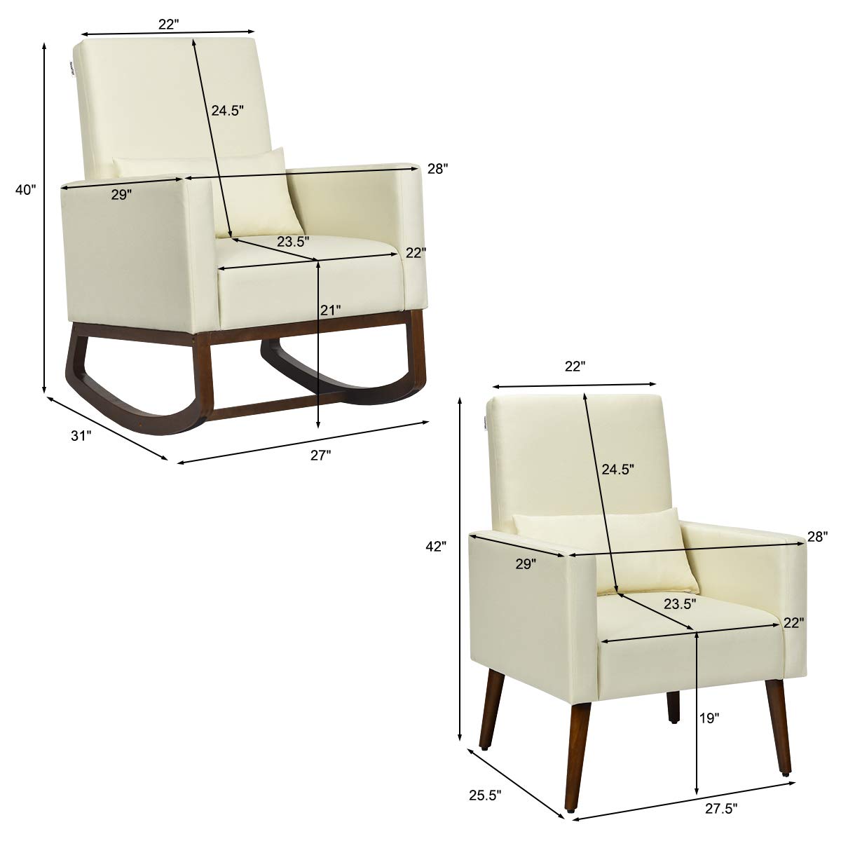 Upholstered Rocking Chair, Modern High Back Armchair, Comfortable Rocker with Fabric Padded Seat, Waist Pillow