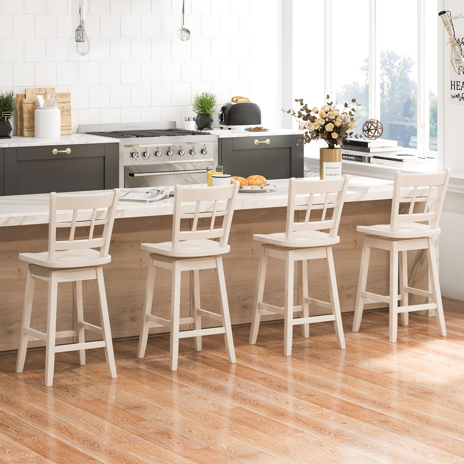 24.5" Bar Stools Set of 2/4, Farmhouse Swivel Barstools with 6-Grid Hollow Back & Ergonomic Contoured Seat, Footrest