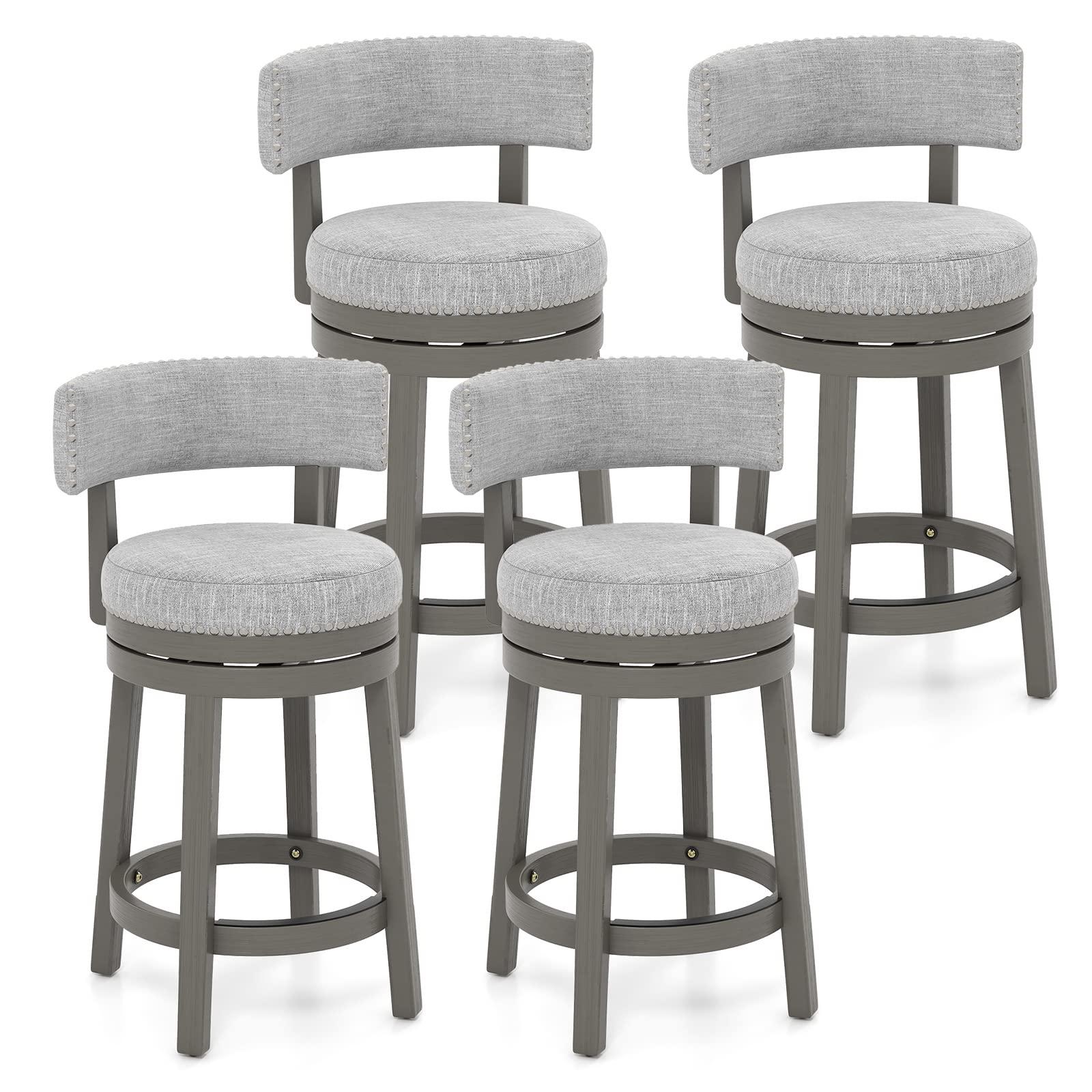 Modern 360&deg; Swivel Bar Stool with Upholstered Back & Seat, Solid Rubber Wood Legs & Round Footrest