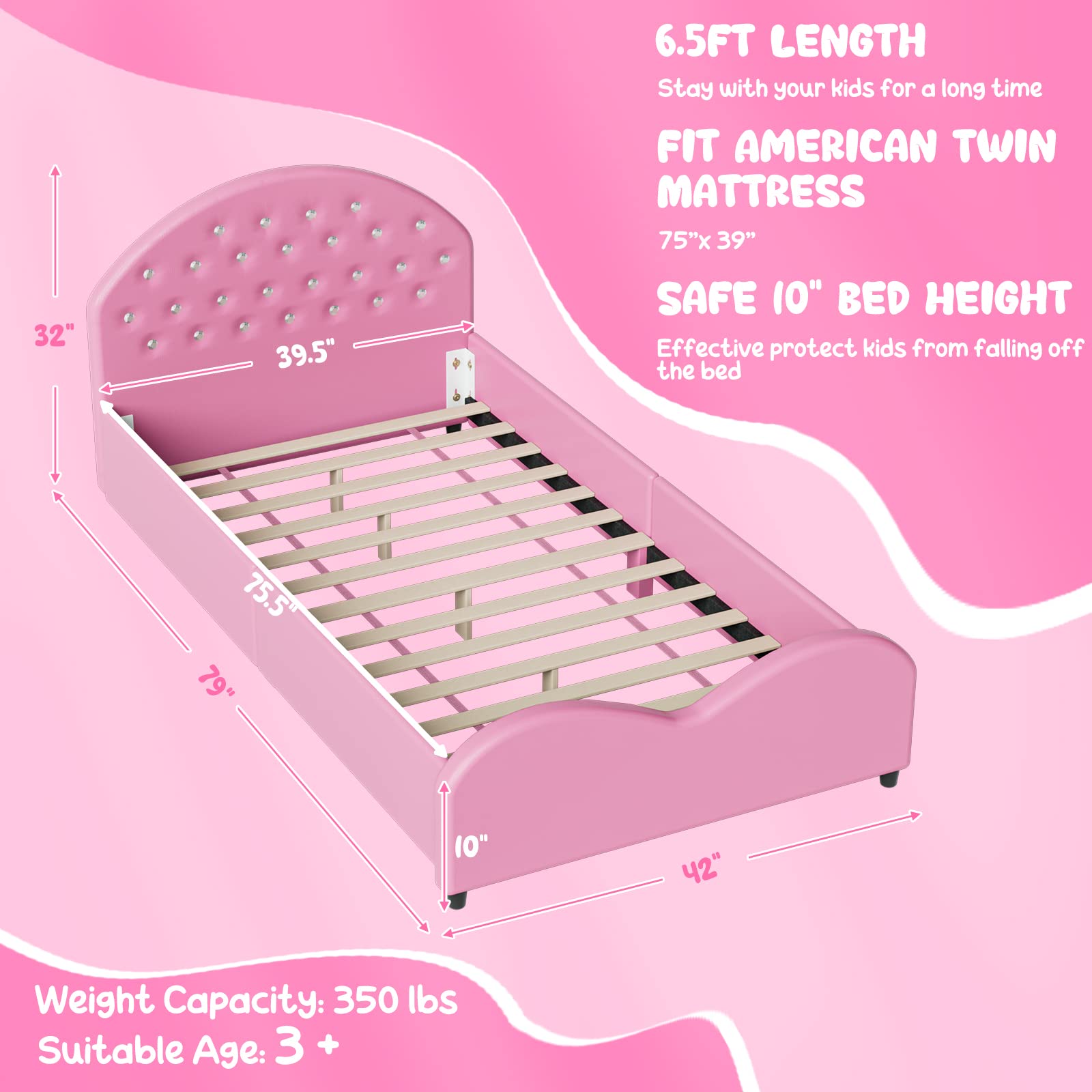 Kids Twin Bed Frame with Headboard, Toddler Upholstered Platform Bed with Slatted Bed Base