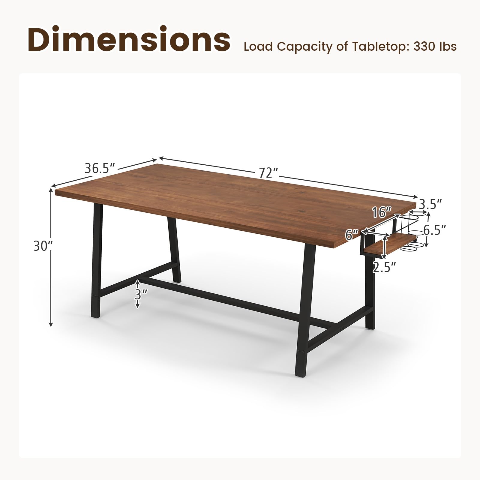 72-Inch Dining Table for 5-7, Rectangular Kitchen Table with 2-Bottle Wine Rack, Condiment Holder & Metal Footrest