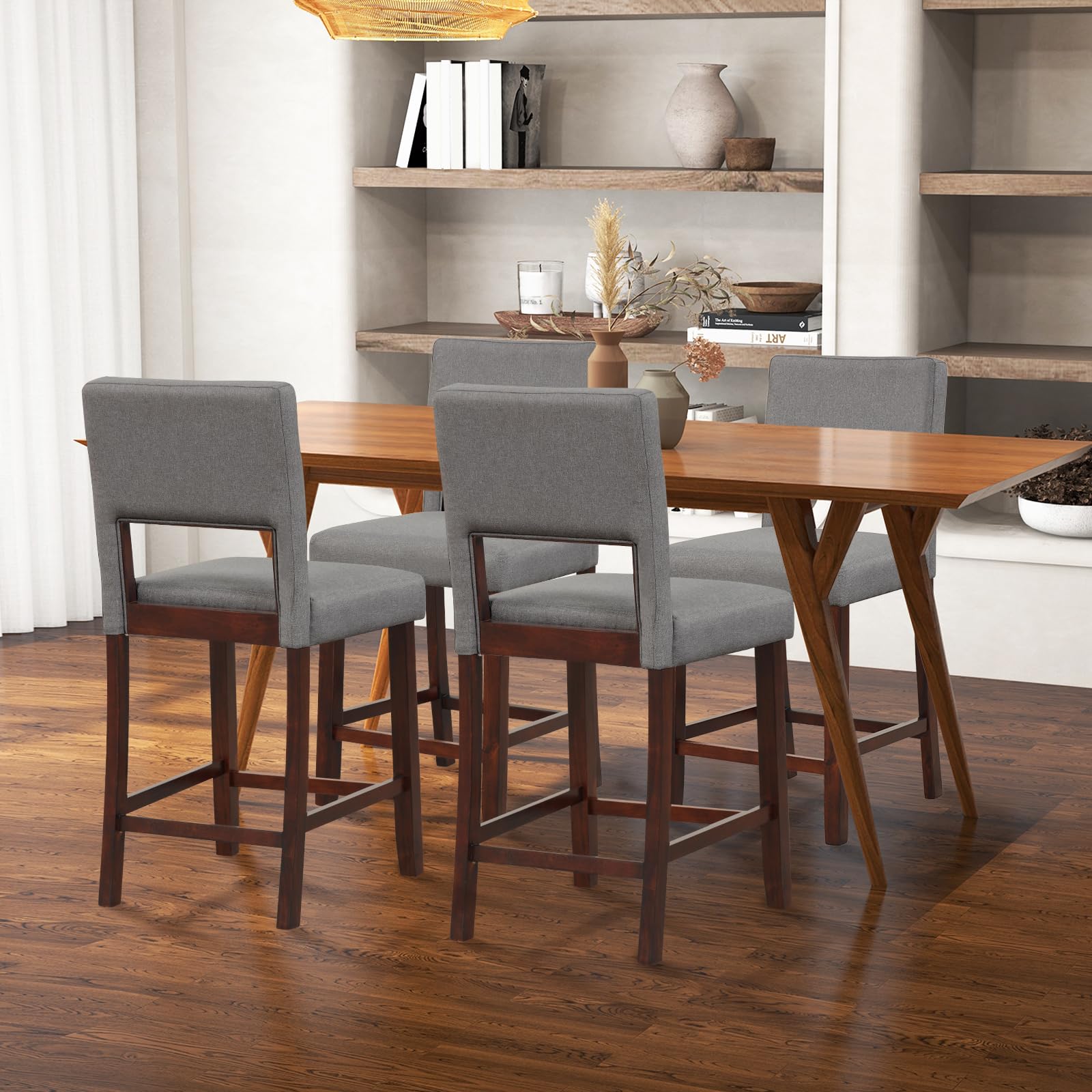 24.5" Counter Height Bar Stools Set of 2, Linen Barstools with Back, Rubber Wood Legs