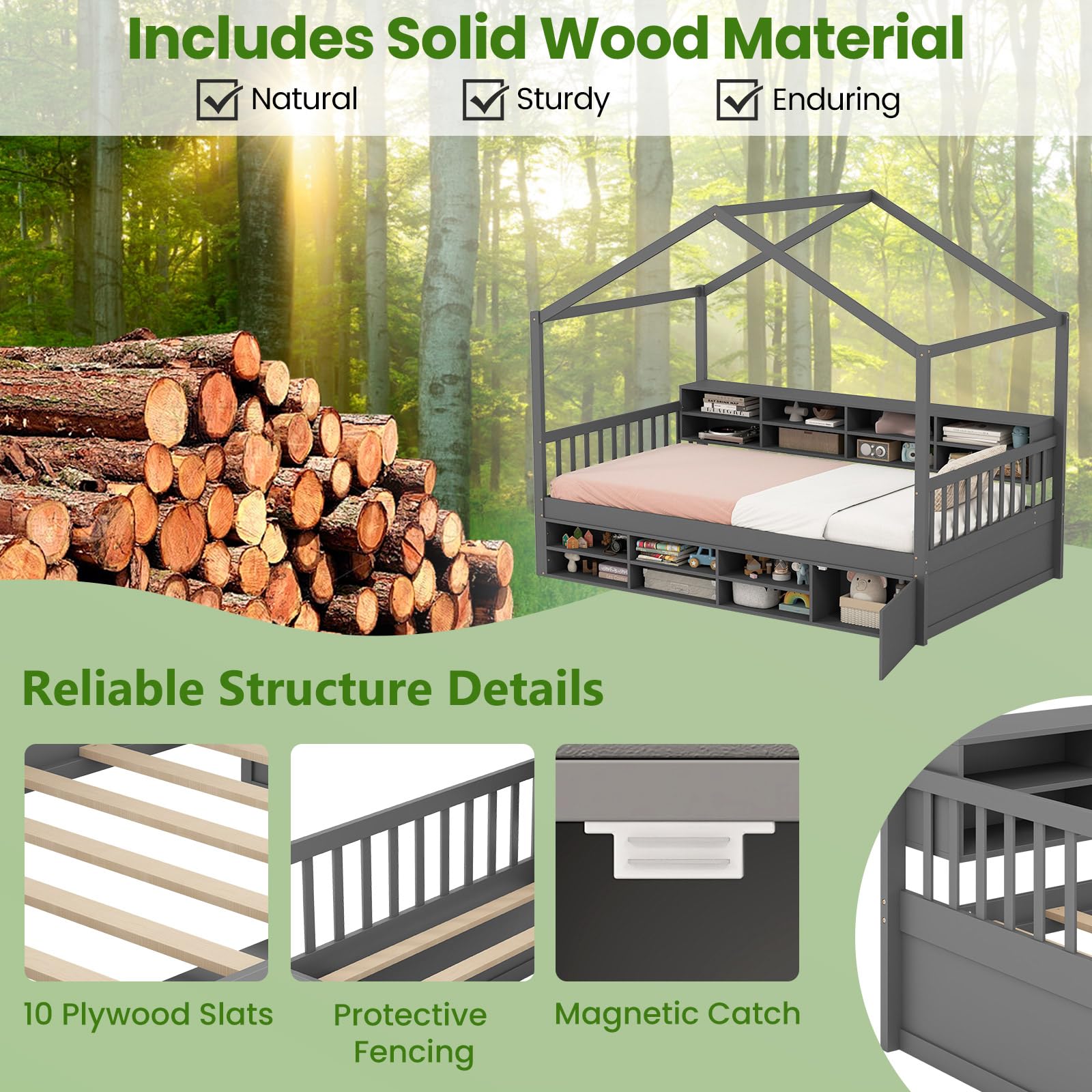 Twin Size House Bed with Storage, Wooden Montessori House Bed with 14 Storage Cubes, Enclosed Cabinet, Wood Slats & Fencing