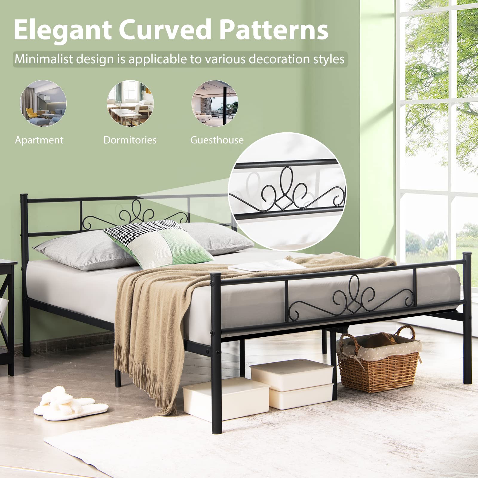 Metal Platform Bed Frame with Headboard & Footboard, Reinforced Metal Slats Supported Mattress Foundation