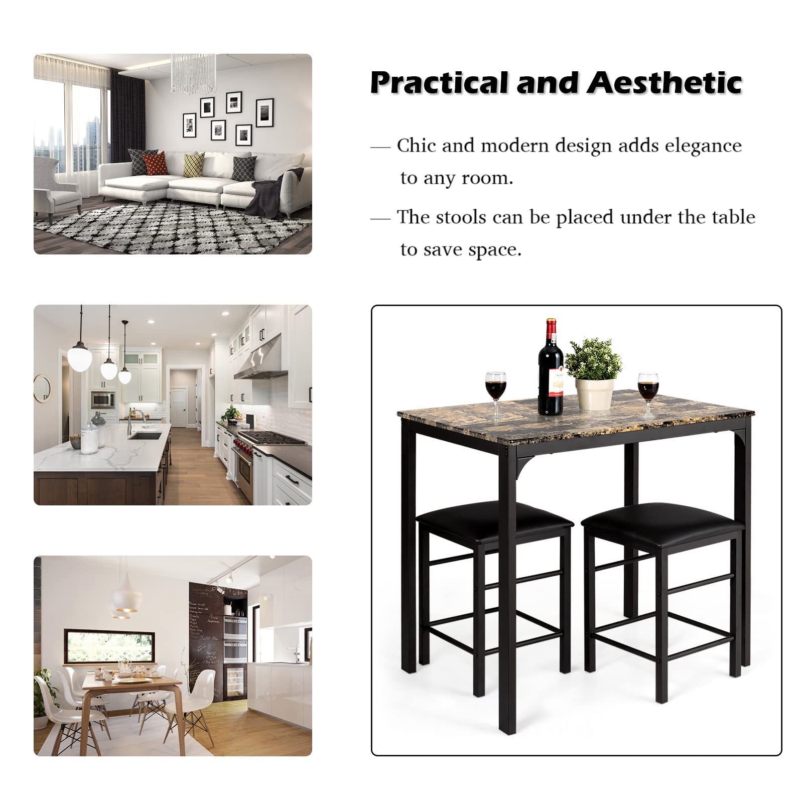 3 Piece Dining Table and Chairs Set with Faux Marble Tabletop 2 Chairs