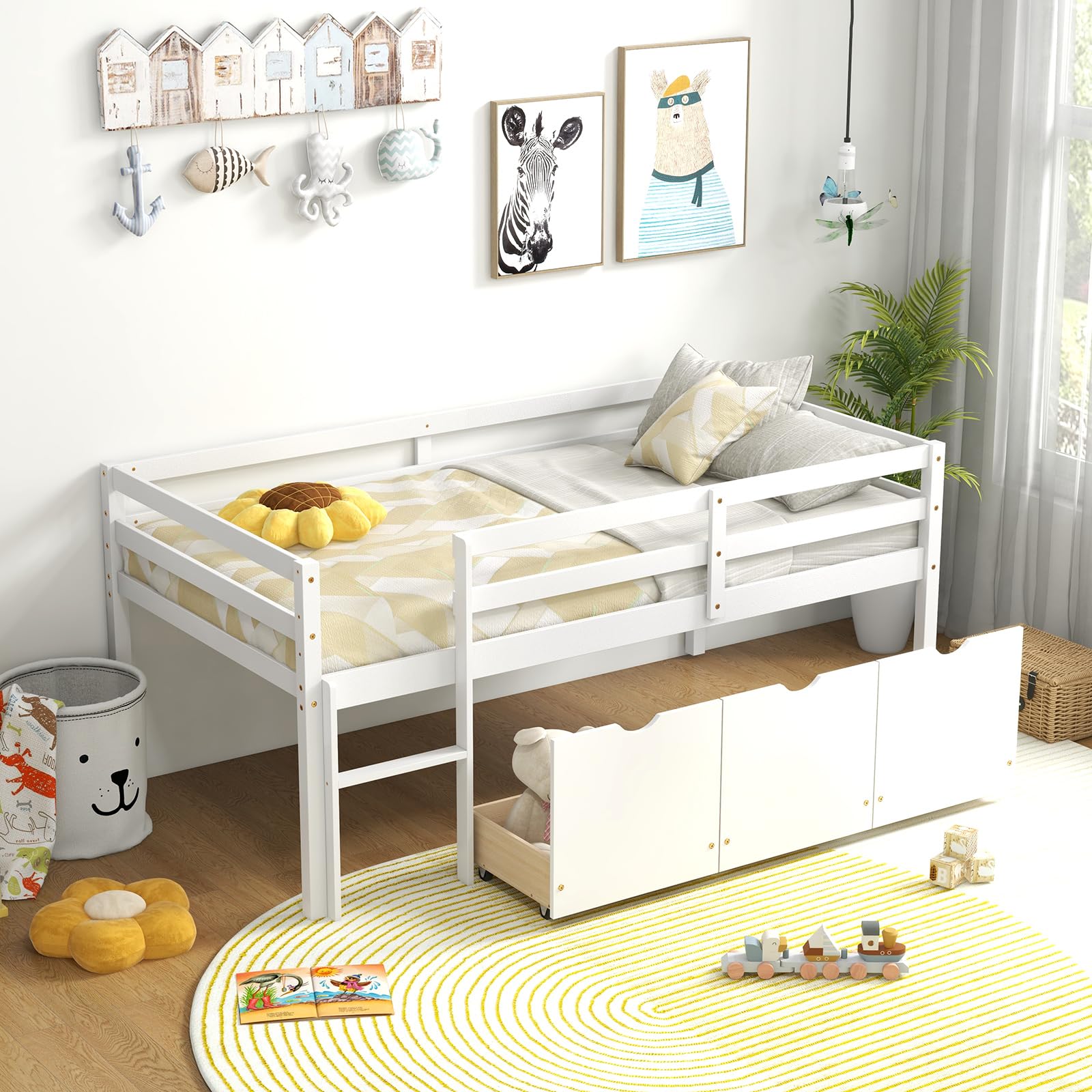 Twin Low Loft Bed with 3 Storage Drawers