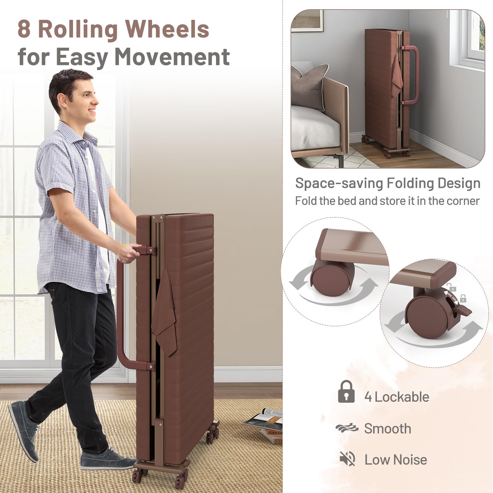 Folding Bed With Mattress, Portable Guest Bed With Adjustable 6 Position & Side Storage Pocket