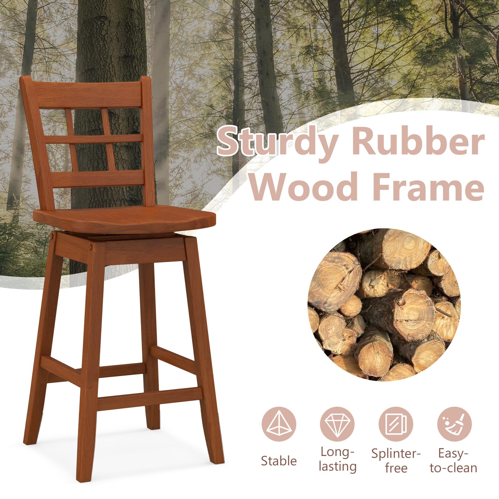 24.5" Bar Stools Set of 2/4, Farmhouse Swivel Barstools with 6-Grid Hollow Back & Ergonomic Contoured Seat, Footrest