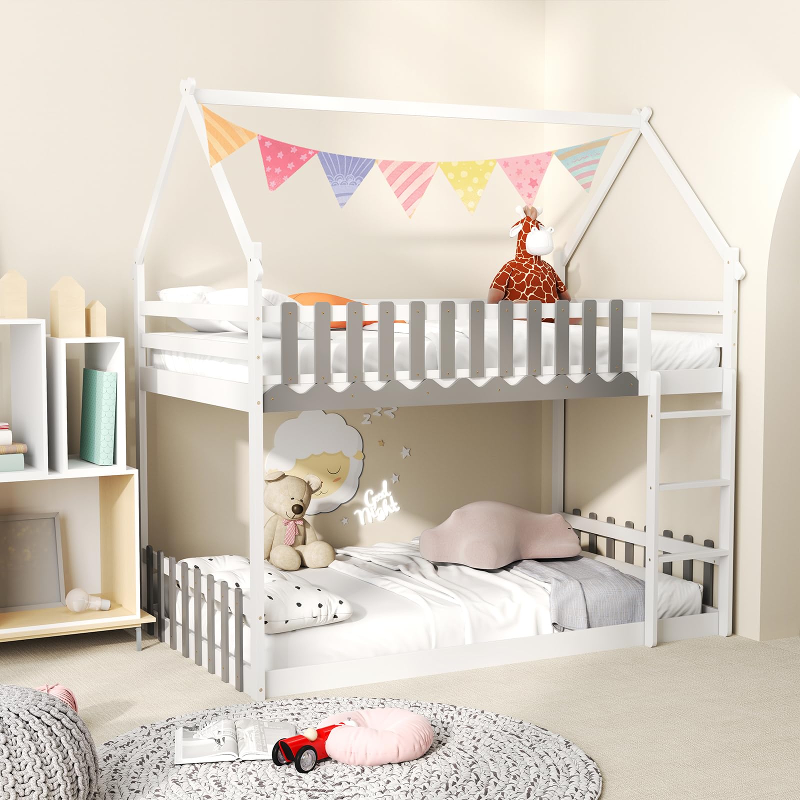 Wood Twin Over Twin House Bunk Bed, Solid Wood Low Bunk Bed with Ladder, Safety Guardrails & Fences