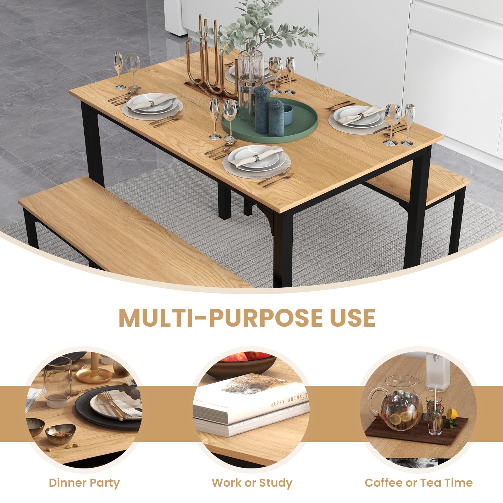 Dining Table Set with 2 Benches, Industrial Kitchen Table & Chairs with Metal Frame