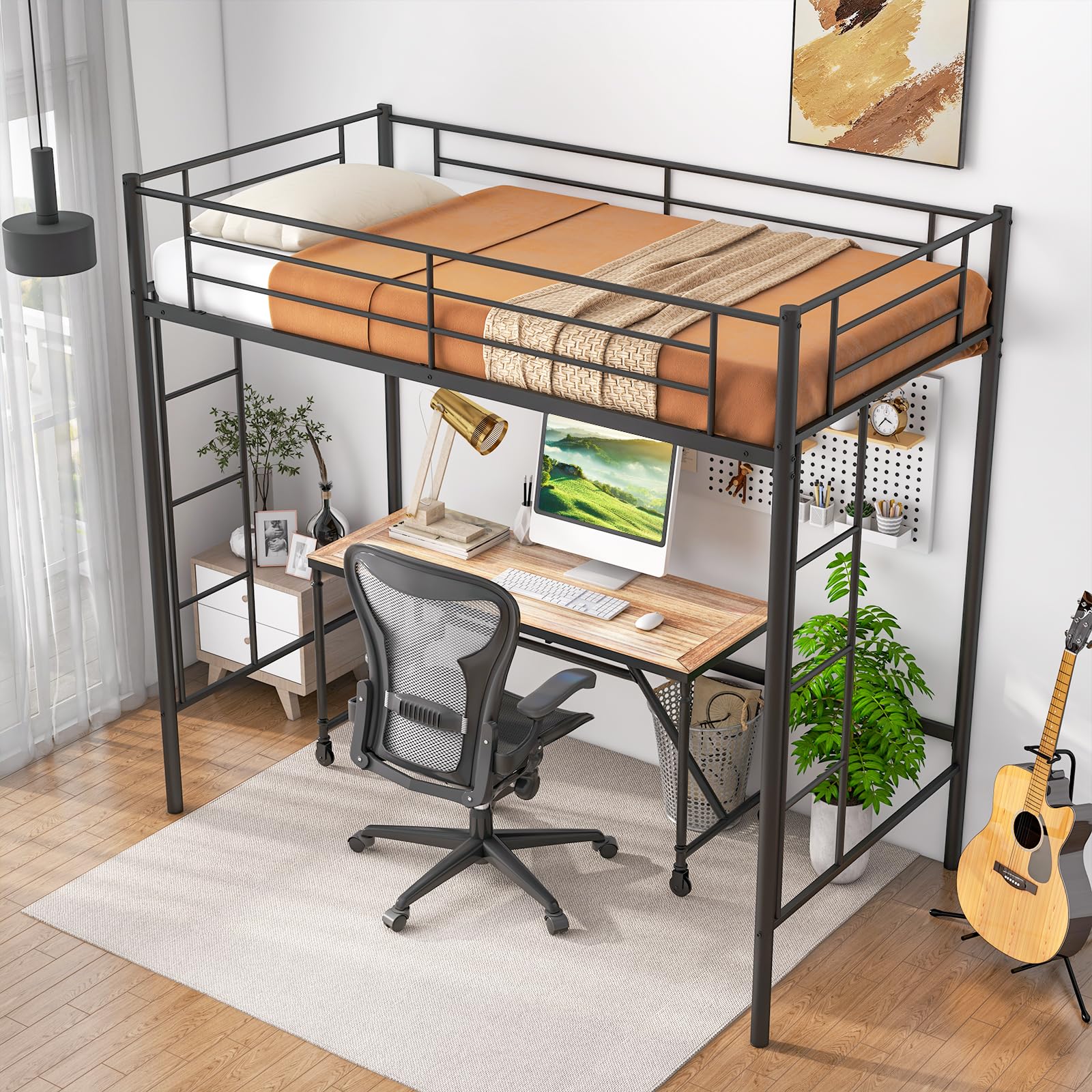 Twin Size Metal Loft Bed with Both Side Ladders & Safety Guardrails
