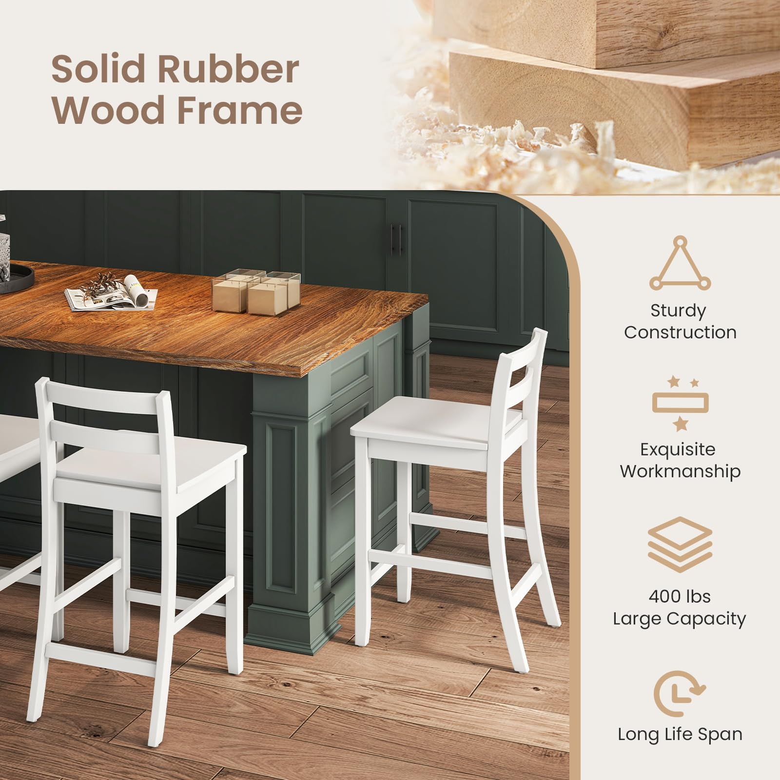 Wooden Bar Stools Set of 2/4, 24-Inch Counter Height Stools with Ergonomic Backrest & Footrest