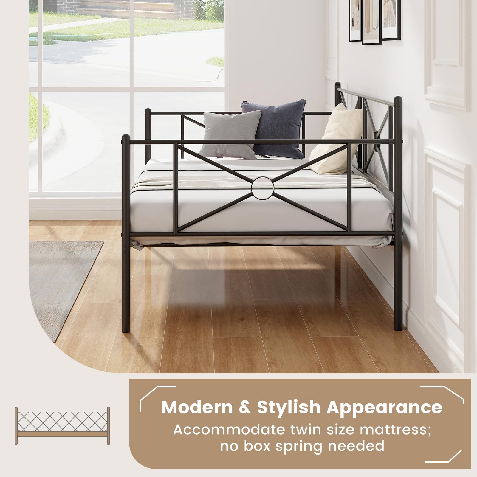 Twin Size Metal Daybed, Multifunctional Sofa Guest Bed with Headboard
