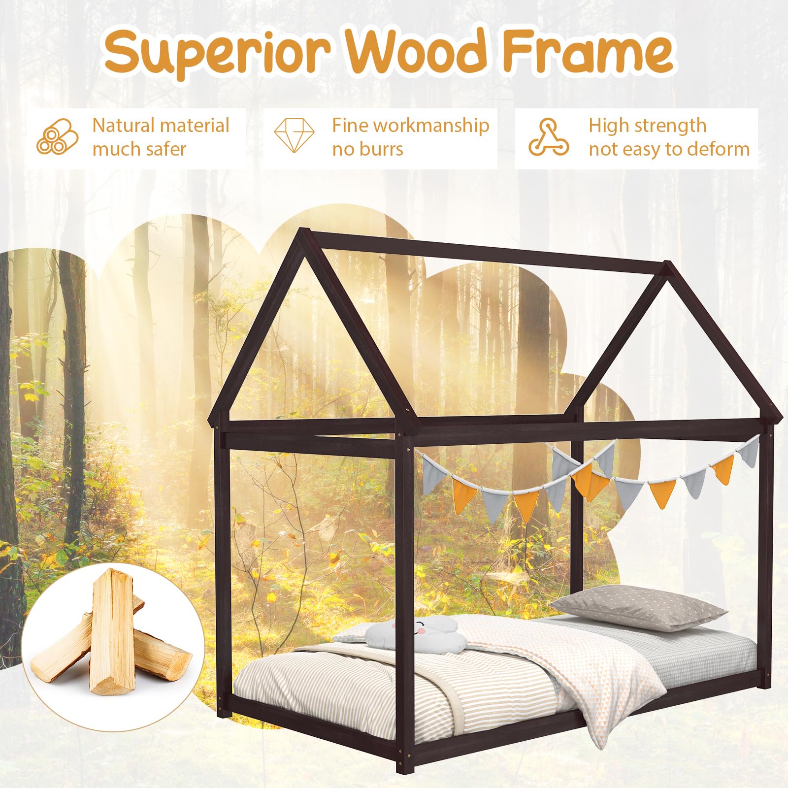 Twin Size House Bed for Kids, Solid Wood Platform Floor Bed with Roof & Multiple Slats