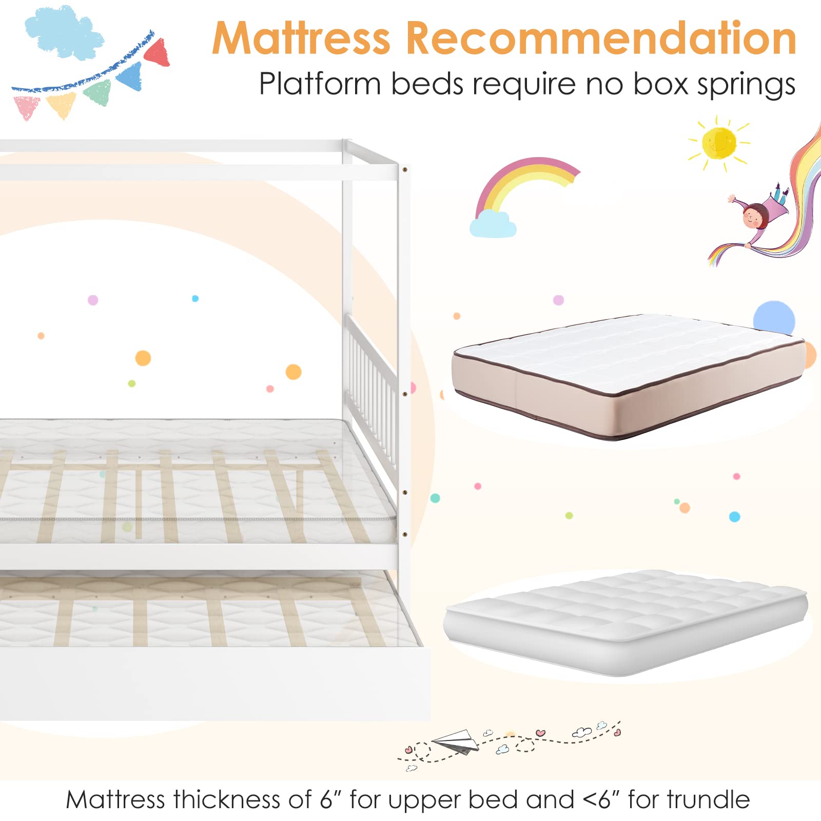 Wood Canopy Bunk Bed with Trundle, Full Size Solid Wood Platform Bed with Headboard