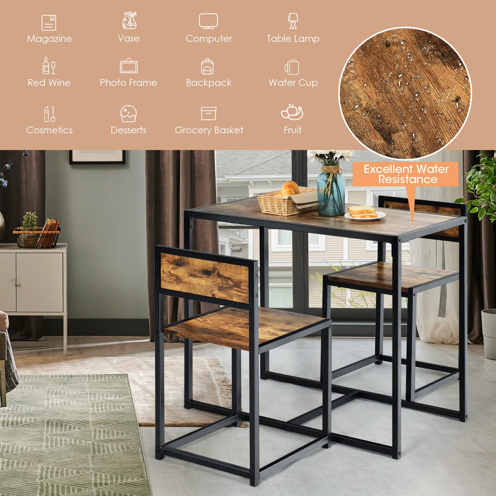 3 Piece Kitchen Table Set with 2 Chairs, Metal Frame