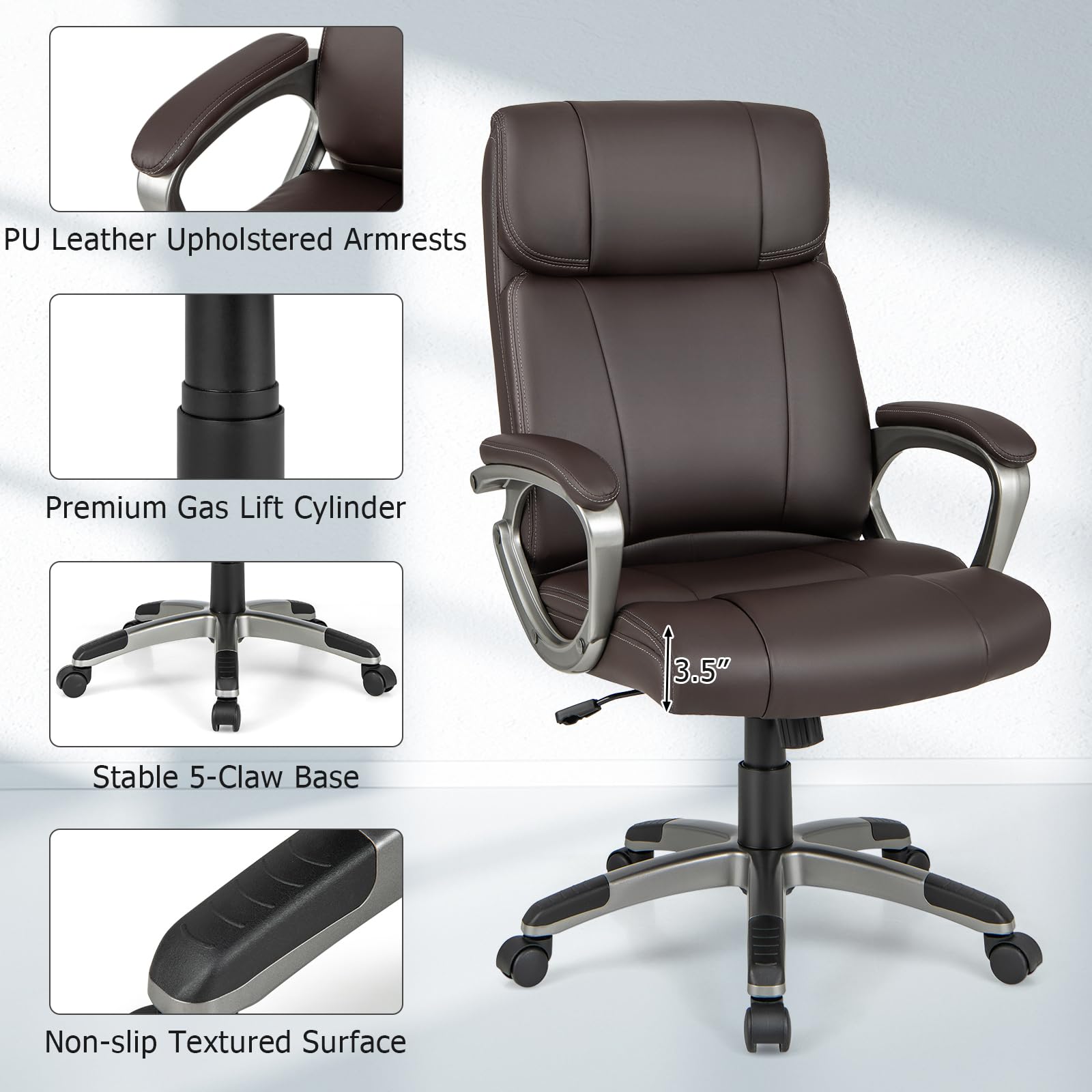 PU Leather Executive Office Chair with Padded Armrests and Lumbar Support