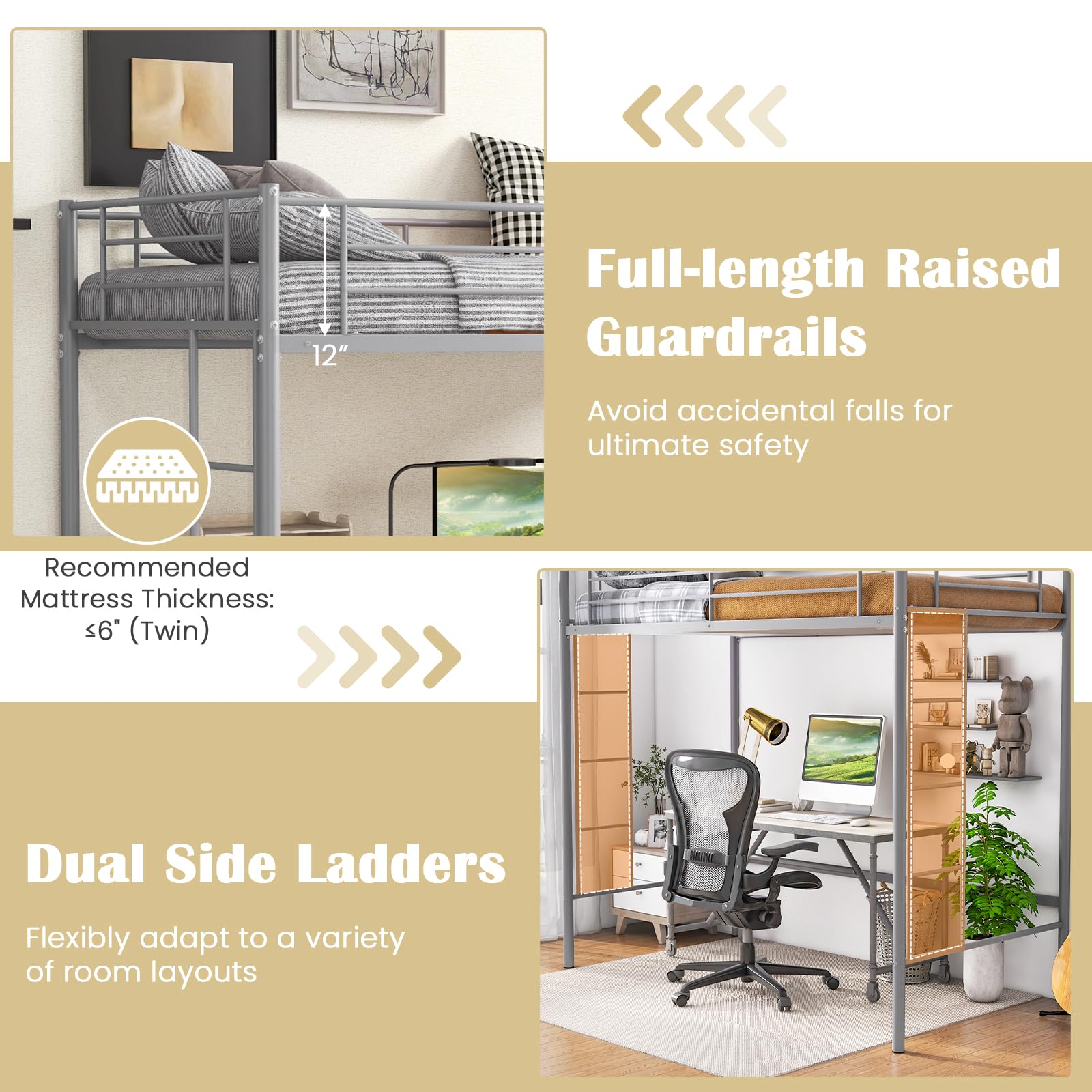 Twin Size Metal Loft Bed with Both Side Ladders & Safety Guardrails