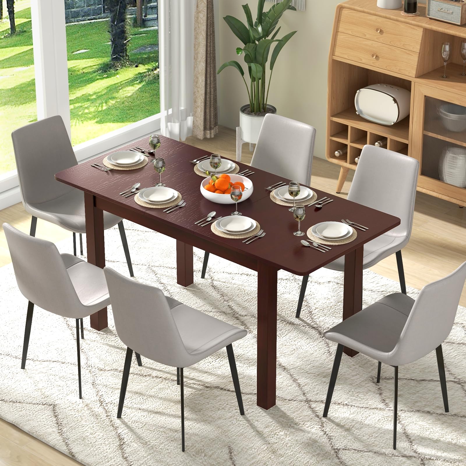 Extendable Dining Table for 4, 60" Folding Kitchen Table w/Rubber Wood Frame & Safety Locks