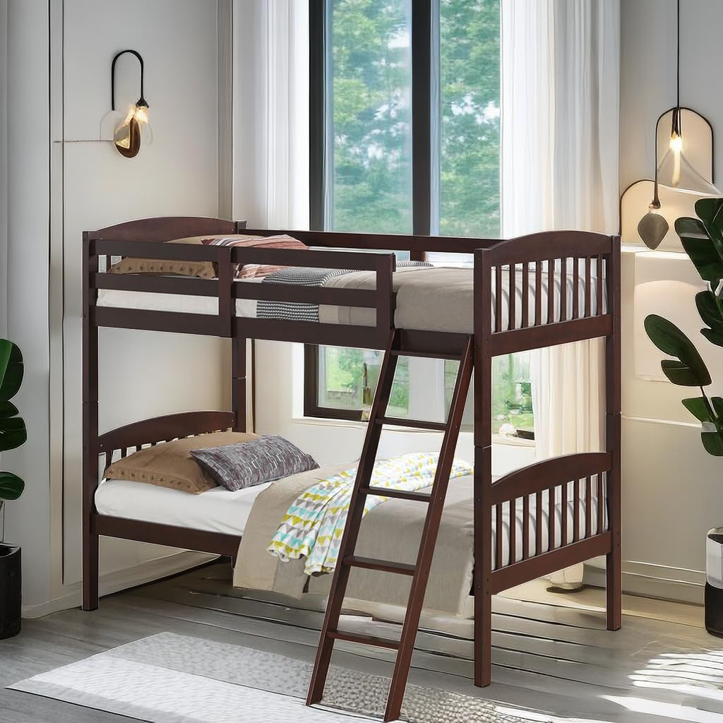 Twin Over Twin Bunk Beds, Convertible Into Two Individual Solid Rubberwood Beds