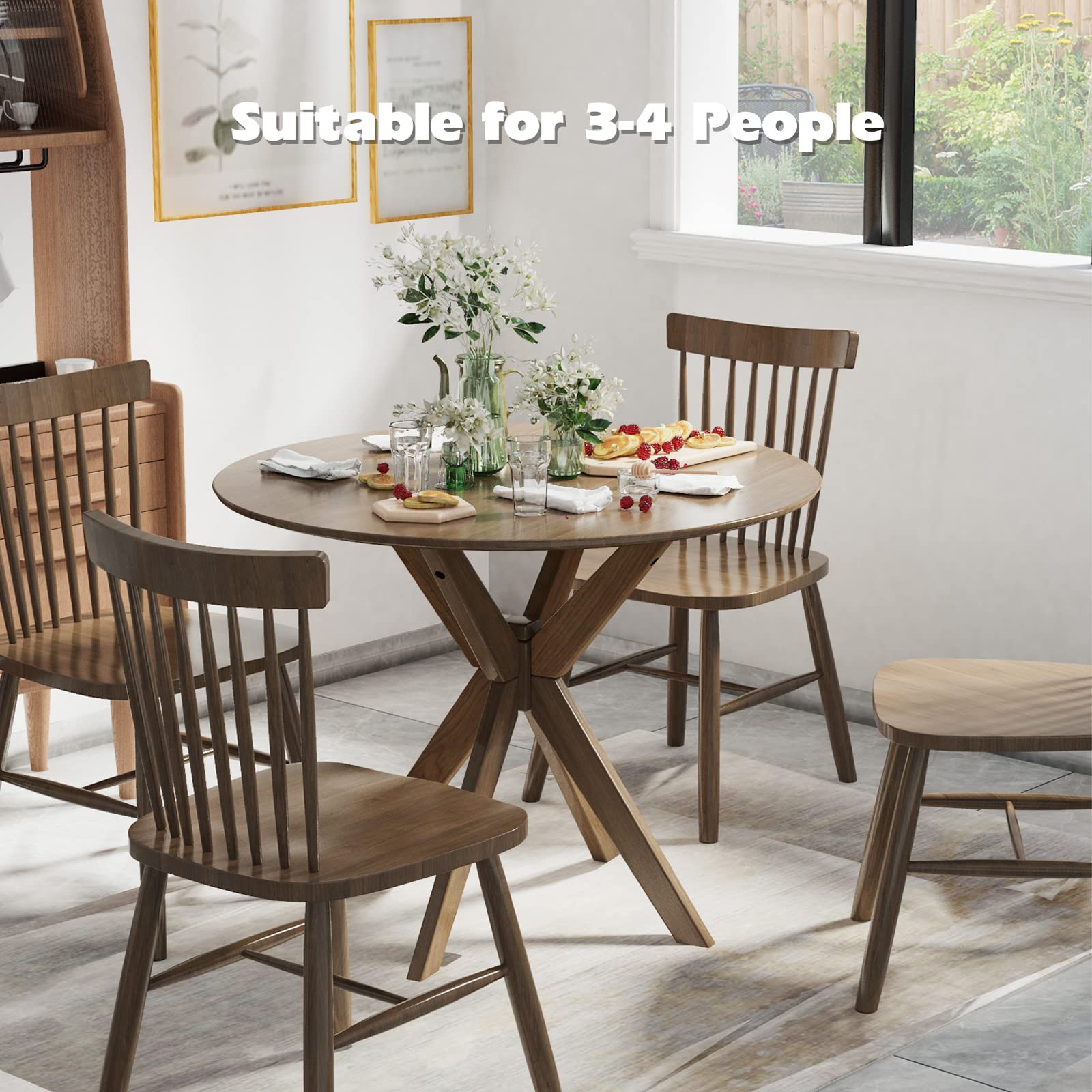 36" Round Dining Table, Solid Wood Kitchen Table with Intersecting Pedestal Base and Adjustable Foot Pads