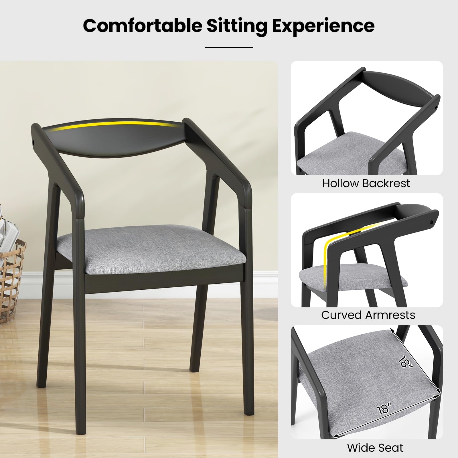 Wooden Dining Chairs Set of 2/4, Linen Fabric Upholstered Kitchen Chairs w/Armrests & Padded Cushion, Rubber Wood Frame