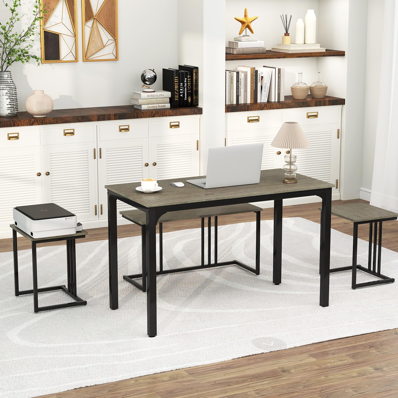 4 Piece Dining Table Set for 4 with Bench & 2 Stools, Space-Saving Desk Set
