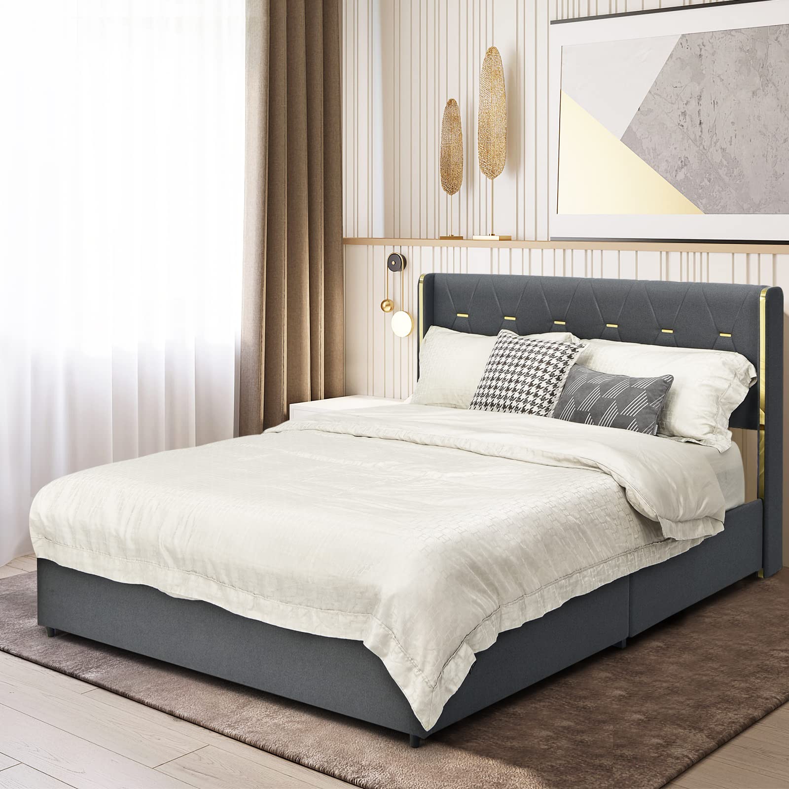 Full/Queen Upholstered Bed Frame with 4 Rolling Storage Drawers, Space Saving PU Leather Bed Frame