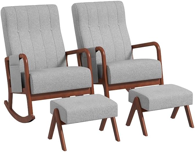 Nursery Rocking Chair with Ottoman, Upholstered Rocker Chair with Side Pocket
