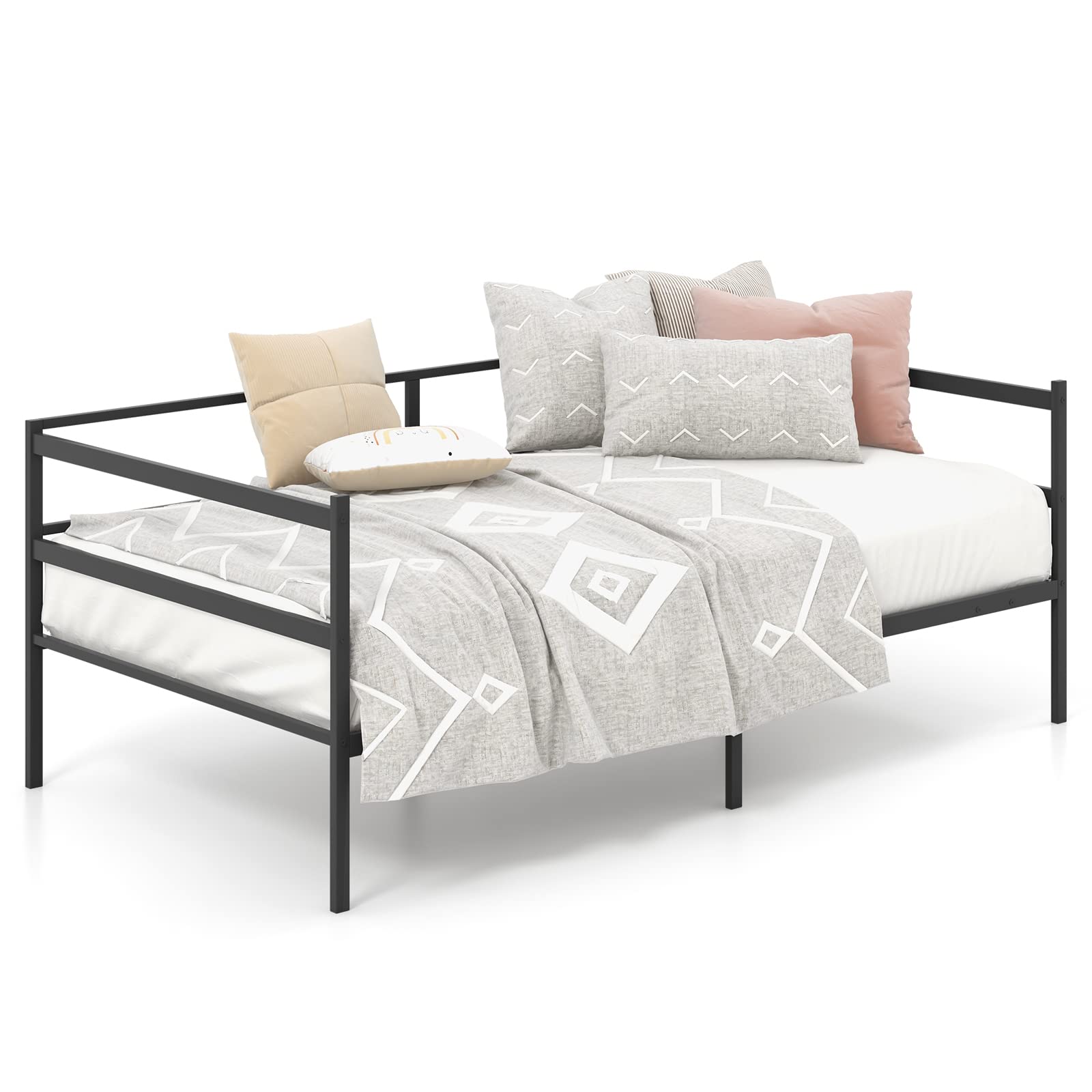 Twin Size Metal Daybed with Metal Slat Support & 3-Sided Guardrails