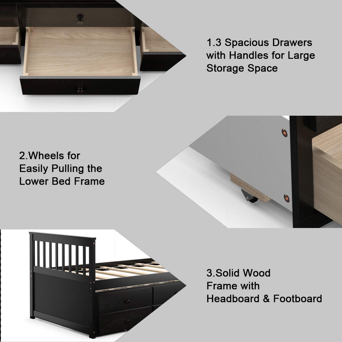 Twin Captain&rsquo;s Bed with Trundle Bed, Wood Storage Daybed with 3 Storage Drawers