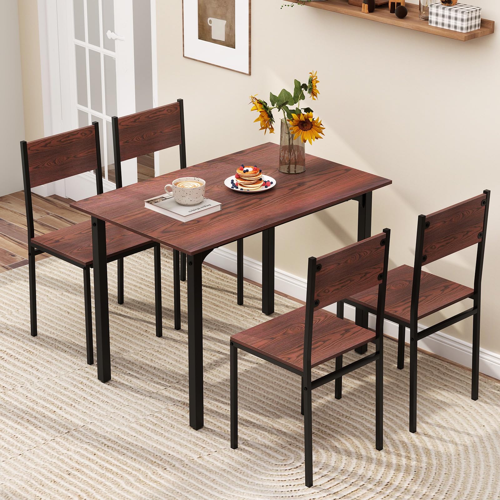 5-Piece Dining Table Set, Industrial Kitchen Table and Chairs for 4 with Backrest and Metal Frame