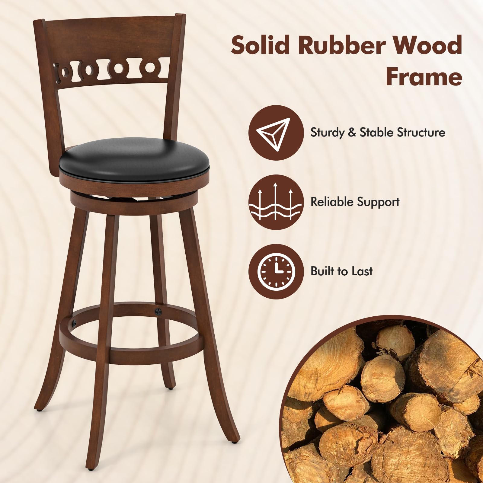 Swivel Bar Stools Set of 2/4, Bar Chairs with Back, Rubber Wood Frame