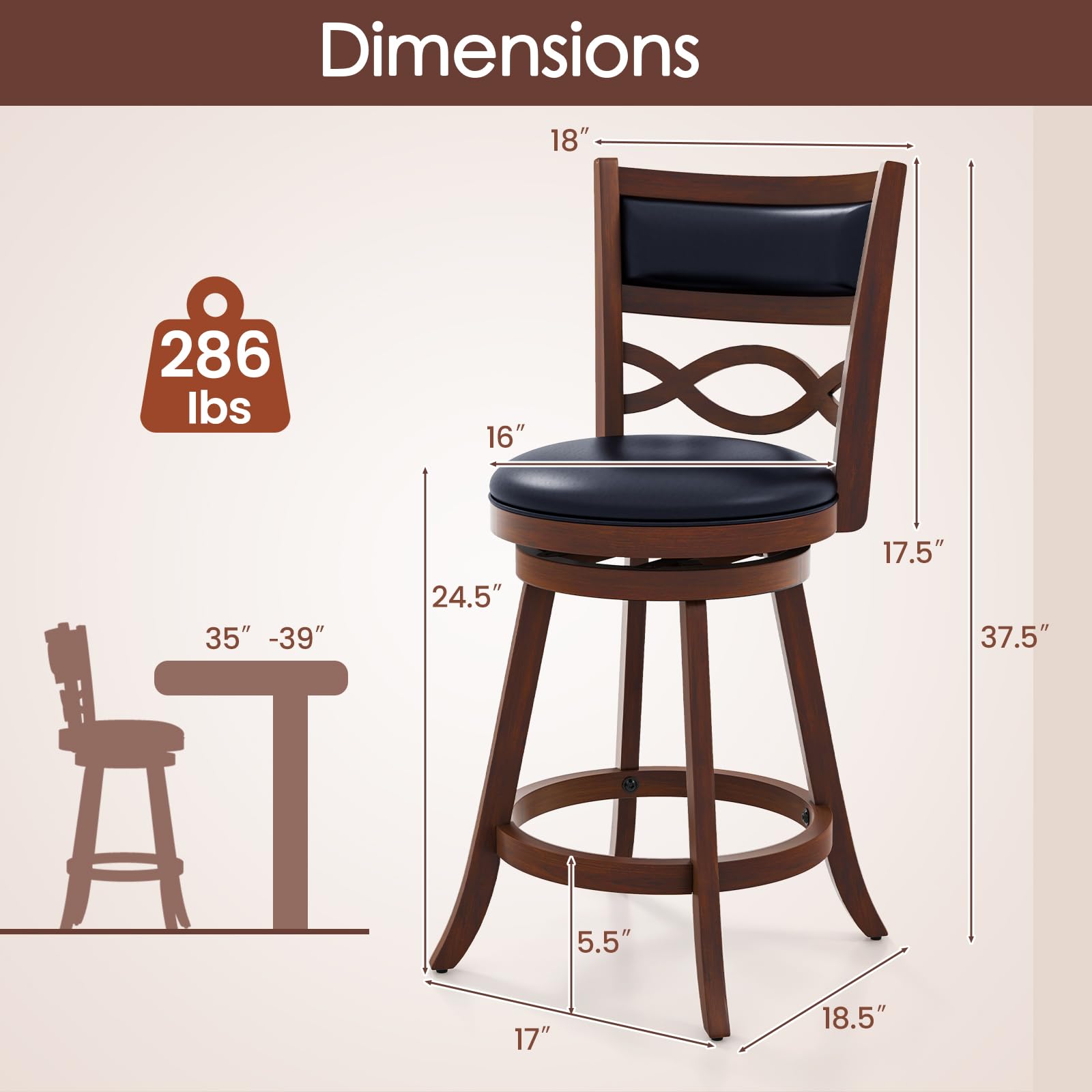 Bar Stools Set of 2/4, 24.5&rdquo; Counter Height Stools with Rubber Wood Frame, Faux Leather Upholstered Seat and Backrest